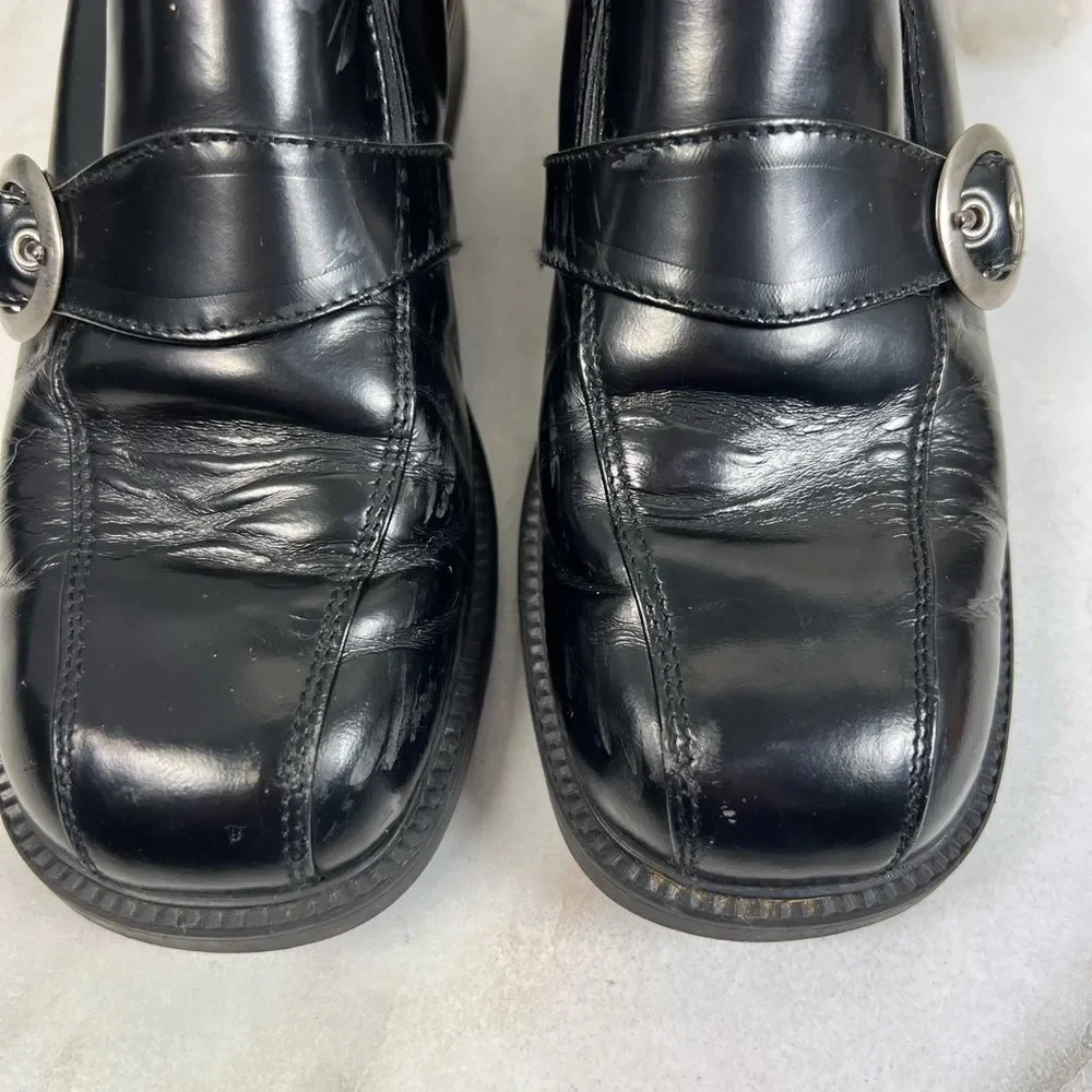 Made in Italy Y2K Black Leather Square Toe Chunky Heel Slip On Loafers, Sz 2.5-3